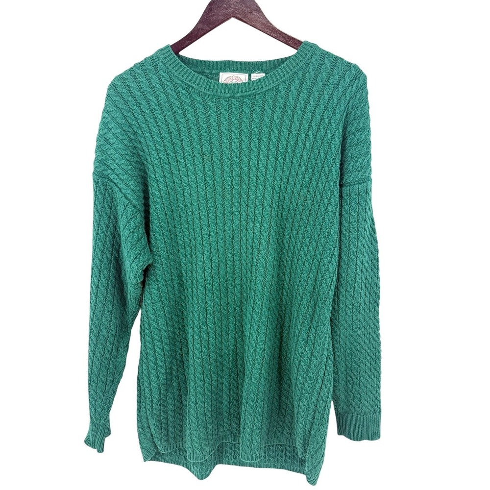VTG Cotton Cable Knit Sweater XL Old Money Preppy Oversized Textured Green